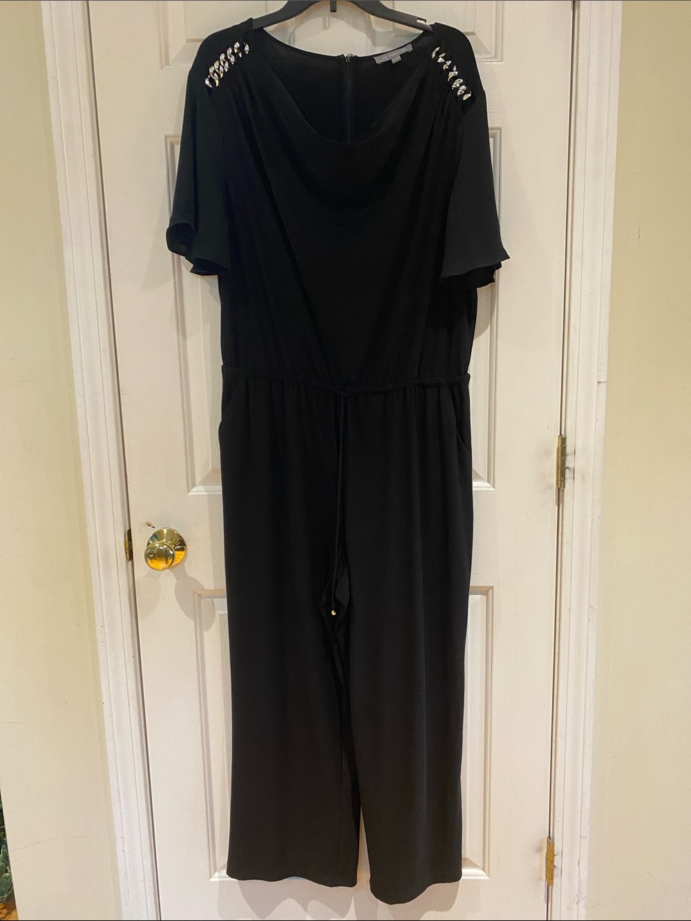NY Collection Black Short-Sleeve Jumpsuit with Embellished Shoulders